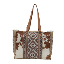 Load image into Gallery viewer, Myra Elisa Leather Weekender Bag - Spacious Cowhide Travel Tote with Tribal Woven Panel and Dual Shoulder Straps
