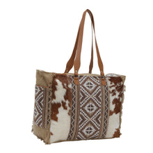 Load image into Gallery viewer, Myra Elisa Leather Weekender Bag - Spacious Cowhide Travel Tote with Tribal Woven Panel and Dual Shoulder Straps
