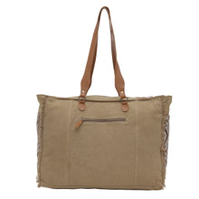 Load image into Gallery viewer, Myra Elisa Leather Weekender Bag - Spacious Cowhide Travel Tote with Tribal Woven Panel and Dual Shoulder Straps
