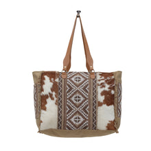Load image into Gallery viewer, Myra Elisa Leather Weekender Bag - Spacious Cowhide Travel Tote with Tribal Woven Panel and Dual Shoulder Straps
