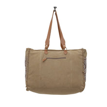 Load image into Gallery viewer, Myra Elisa Leather Weekender Bag - Spacious Cowhide Travel Tote with Tribal Woven Panel and Dual Shoulder Straps
