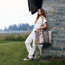 Load image into Gallery viewer, Myra Elisa Leather Weekender Bag - Spacious Cowhide Travel Tote with Tribal Woven Panel and Dual Shoulder Straps
